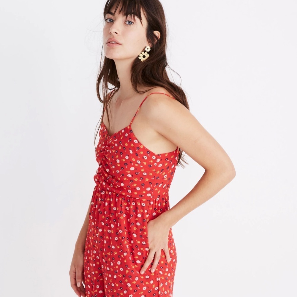 Madewell Red Floral Wide Leg Cami Jumpsuit with Pockets SZ 2 - Picture 2 of 16